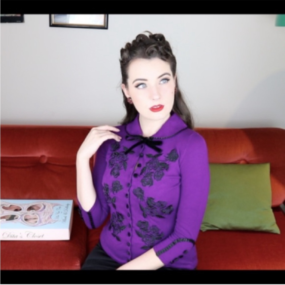 Vintage Purple Cardigan with Black Embroidery